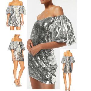 NEW RHODE DALI SILVER SEQUIN OFF THE SHOULDER DRESS W/PUFFY SLEEVES SIZE 4